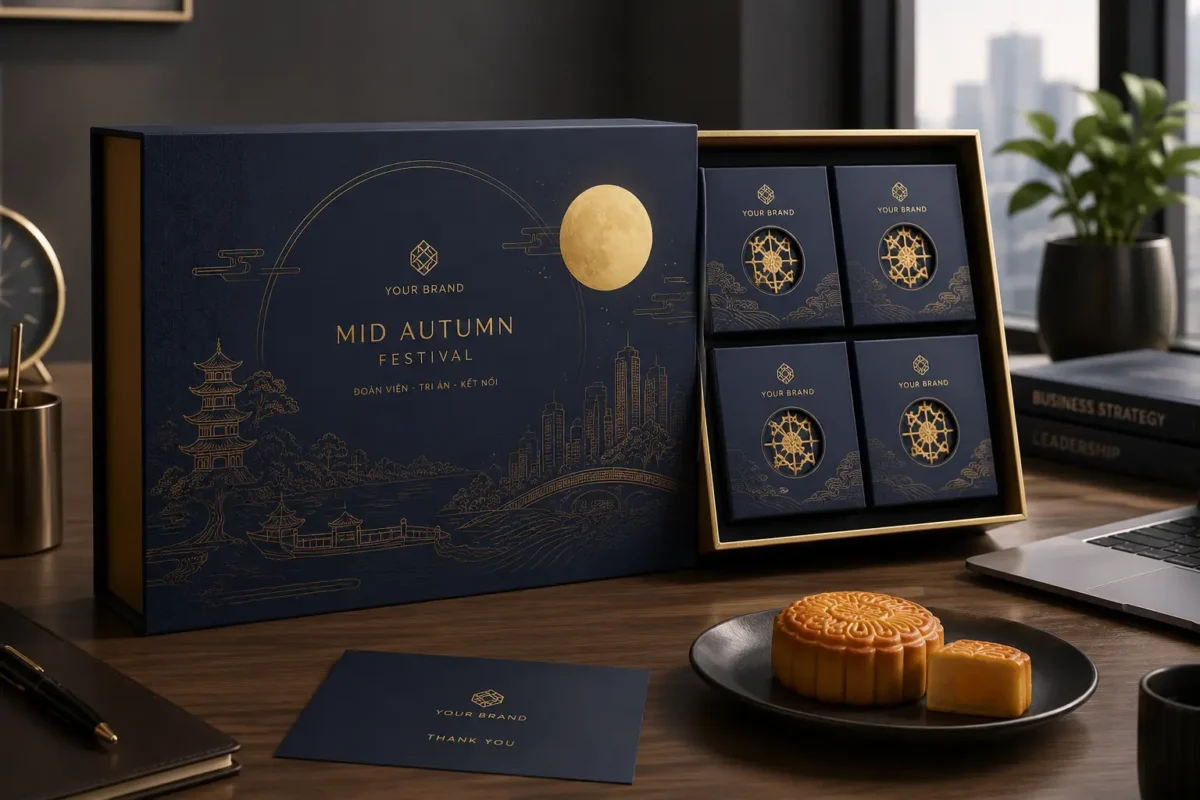 Top Mẫu Bánh Trung Thu Quà Tặng Doanh Nghiệp Được Ưa Chuộng 1 Hộp bánh trung thu quà tặng doanh nghiệp thiết kế sang trọng đặt trên bàn làm việc.