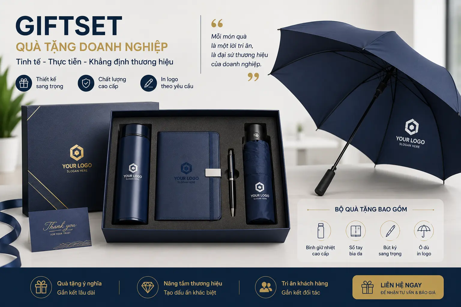 Ô Cầm Tay Tự Động Gấp Gọn 1 Giftset quà tặng doanh nghiệp kết hợp ô dù in logo
